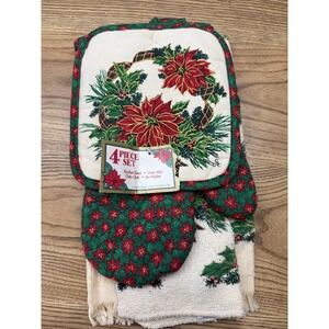 VTG Cecil Saydah Poinsettia Christmas Holiday Potholder‎ Dish Towel Set 4 Pc